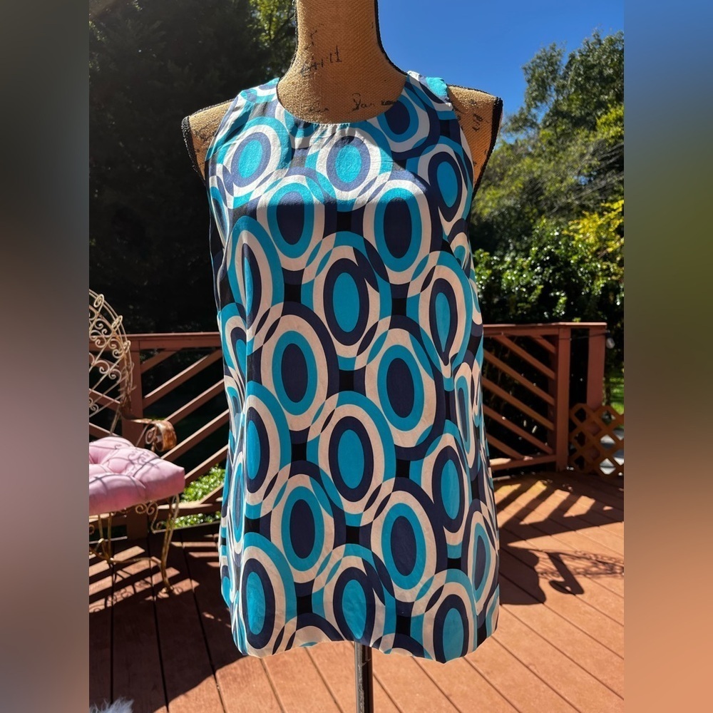 Blue Geometric Pattern Women's Top 100% silk - Picture 2 of 15
